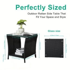 "A black four-line rattan double-layered side table with glass top, suitable for small living rooms in households