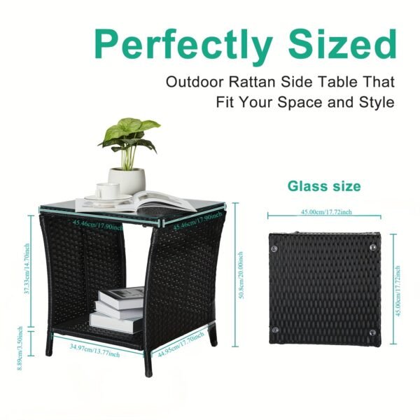 "A black four-line rattan double-layered side table with glass top, suitable for small living rooms in households
