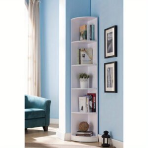 1pc   White Corner Bookcase Display Cabinet with Five Shelves, Curved Front Design, 10lb Max Weight per Shelf
