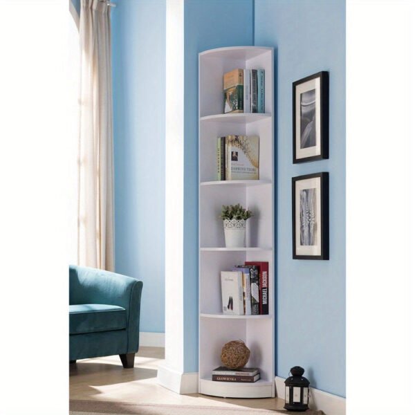 1pc   White Corner Bookcase Display Cabinet with Five Shelves, Curved Front Design, 10lb Max Weight per Shelf