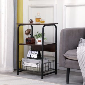3 Tiers End Table Side Table Bedside Table Nightstand with Storage Shelf and Basket for Living Room Bedroom Kitchen and Office, Sofa Table Coffee Table