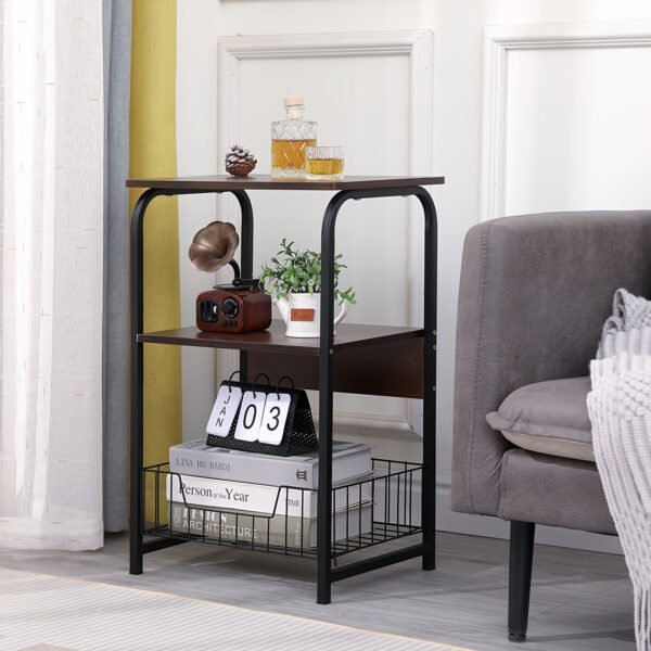 3 Tiers End Table Side Table Bedside Table Nightstand with Storage Shelf and Basket for Living Room Bedroom Kitchen and Office, Sofa Table Coffee Table