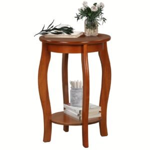 1pc 2-Tier Round End Table Narrow Sofa Side Nightstand W/ Storage Shelf & Wood Legs
