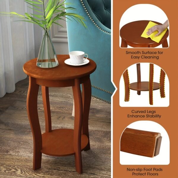 1pc 2-Tier Round End Table Narrow Sofa Side Nightstand W/ Storage Shelf & Wood Legs