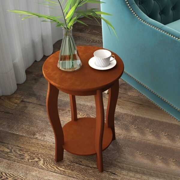 1pc 2-Tier Round End Table Narrow Sofa Side Nightstand W/ Storage Shelf & Wood Legs