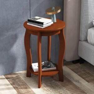 1pc 2-Tier Round End Table Narrow Sofa Side Nightstand W/ Storage Shelf & Wood Legs