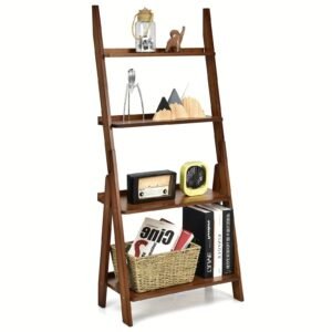 1pc 4-Tier Bamboo Ladder Shelf, Bookcase Storage Organizer, Plant Flower Stand, Bedroom Living Room Storage Rack, Home Storage A