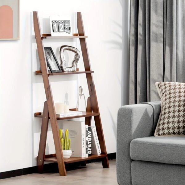 1pc 4-Tier Bamboo Ladder Shelf, Bookcase Storage Organizer, Plant Flower Stand, Bedroom Living Room Storage Rack, Home Storage A