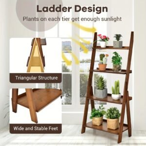 1pc 4-Tier Bamboo Ladder Shelf, Bookcase Storage Organizer, Plant Flower Stand, Bedroom Living Room Storage Rack, Home Storage A