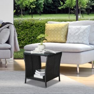 "A black four-line rattan double-layered side table with glass top, suitable for small living rooms in households