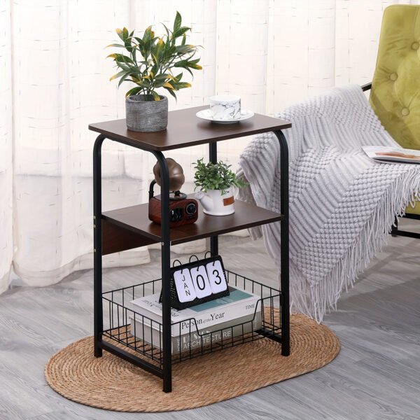 3 Tiers End Table Side Table Bedside Table Nightstand with Storage Shelf and Basket for Living Room Bedroom Kitchen and Office, Sofa Table Coffee Table
