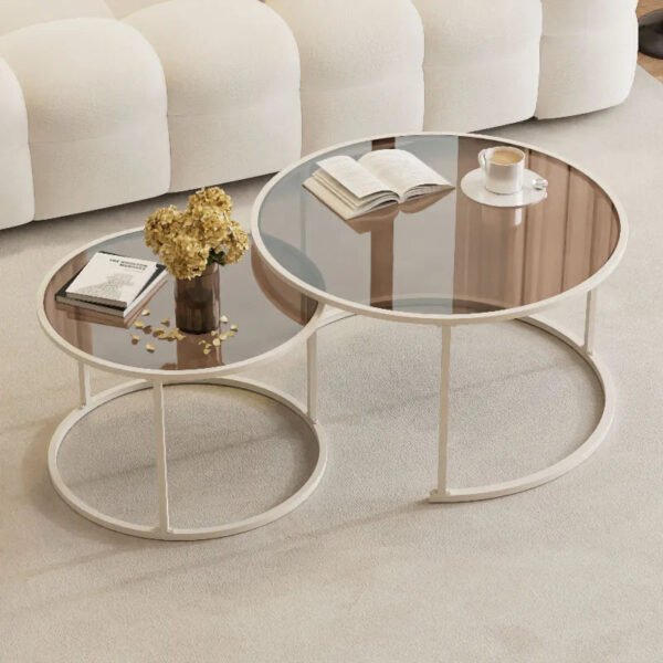 2pcs/set Light Luxury Round Nesting Table Tea Coffee End Tables Glass Sofa Side Table Desk for Living Room Balcony Home Office