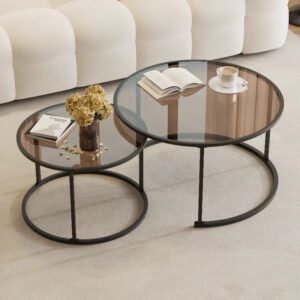 2pcs/set Light Luxury Round Nesting Table Tea Coffee End Tables Glass Sofa Side Table Desk for Living Room Balcony Home Office