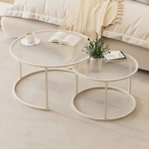 2pcs/set Light Luxury Round Nesting Table Tea Coffee End Tables Glass Sofa Side Table Desk for Living Room Balcony Home Office