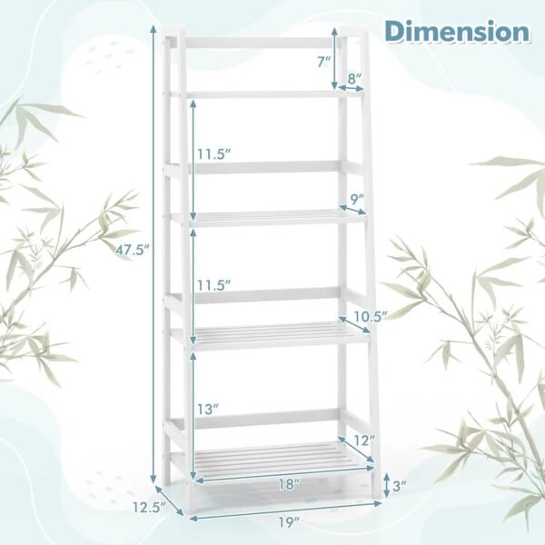 4 Tier Bamboo Bookshelf, Freestanding Open Bookcase Book Shelf Multifunctional Plant Flower Display Stand, White Ladder Shelf
