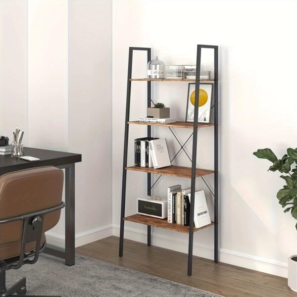 4-Tier Ladder Bookshelf, Industrial Ladder Bookcase, Plant Shelf, Storage Shelf Organizer with Metal Frame for Living Room, Home