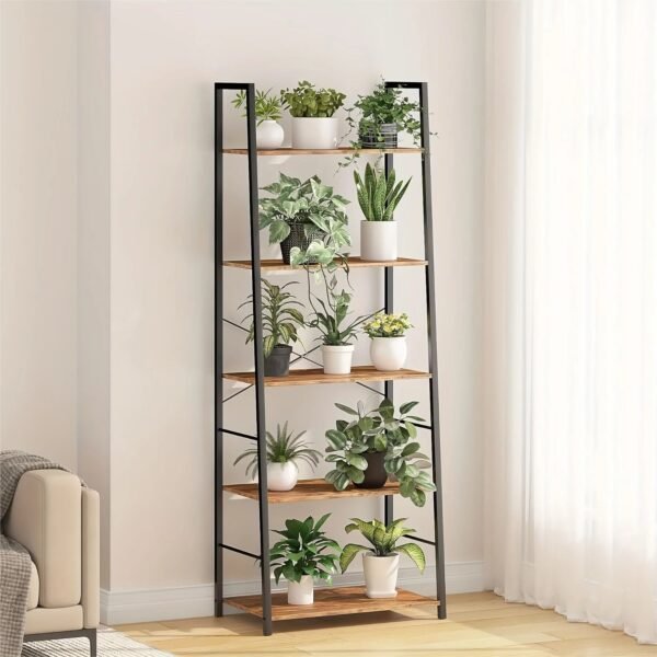 4-Tier Ladder Bookshelf, Industrial Ladder Bookcase, Plant Shelf, Storage Shelf Organizer with Metal Frame for Living Room, Home