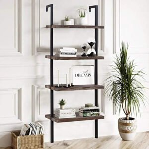 4-Tier Wall Mount Ladder Storage Bookshelf Industrial Bookcase with Metal Frame Modern Wood Shelf Unit Home Office Retro Style
