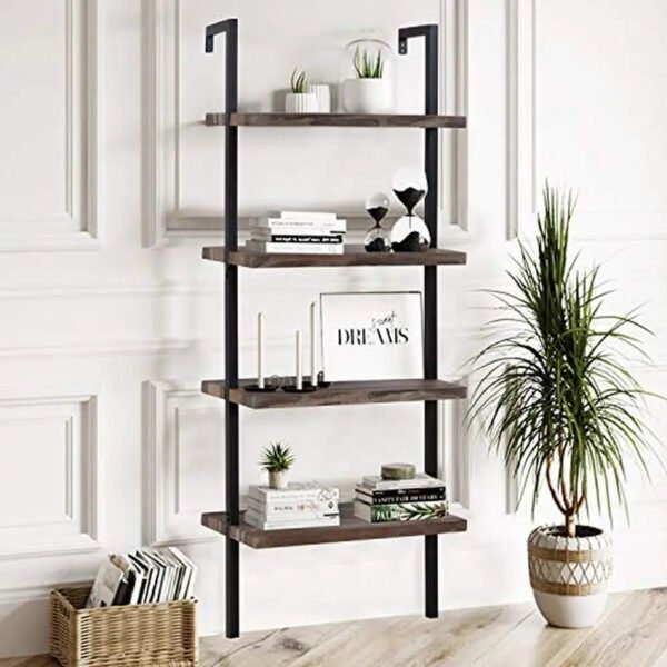 4-Tier Wall Mount Ladder Storage Bookshelf Industrial Bookcase with Metal Frame Modern Wood Shelf Unit Home Office Retro Style
