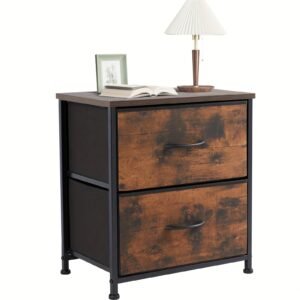 End Table with 2 Drawers for Bedroom, Small Bedside Nightstand, Storage Organizer Furniture, Fabric Cabinet Wood Top, Lightweight, Mini Dresser for Clothes, Closet, Dorm, 20" Height