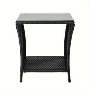 "A black four-line rattan double-layered side table with glass top, suitable for small living rooms in households