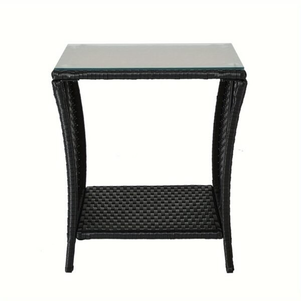 "A black four-line rattan double-layered side table with glass top, suitable for small living rooms in households