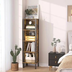 5 Tier Narrow Bookshelf, 4 Cube Bookcase, Slim Corner Open Display Storage Shelf for Small Space, Living Room, Office