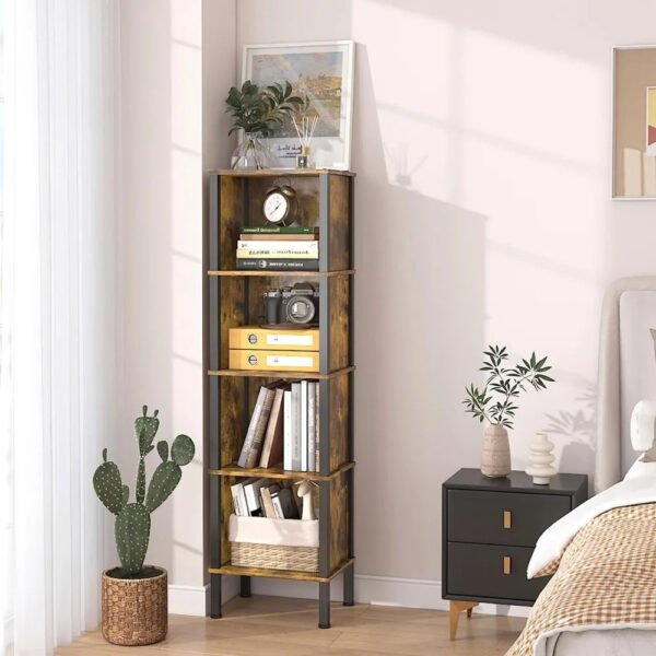 5 Tier Narrow Bookshelf, 4 Cube Bookcase, Slim Corner Open Display Storage Shelf for Small Space, Living Room, Office