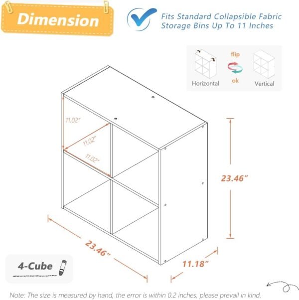 4 Cube Organizer Bookcase - Fabric Storage Bins Container, Open Shelf Simple Compartments Bookshelf, Oak