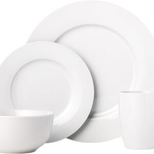 Amazon Basics 16-Piece Porcelain Kitchen Dinnerware Set with Plates, Bowls and Mugs, Service for 4 - White
