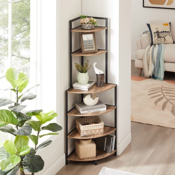 6-Tier Corner Open Shelf Modern Bookcase Wood Rack Freestanding Shelving Unit Plant Album Trinket Sturdy Stand Small Bookshelf Space-Saving for Living Room Home Office Kitchen Small Space Rustic Brown