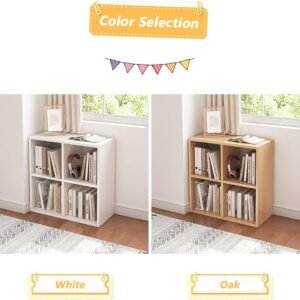 4 Cube Organizer Bookcase - Fabric Storage Bins Container, Open Shelf Simple Compartments Bookshelf, Oak