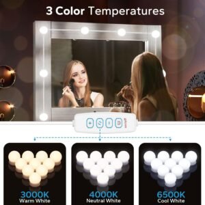 LED Vanity Lights for Mirror, Vanity Lights Stick on with 10 Dimmable Bulbs, 3000K 4000K 6500K & 10 Level Brightness Adjustable, USB Cable, Hollywood Mirror Lights for Makeup Dressing Room Bathroom
