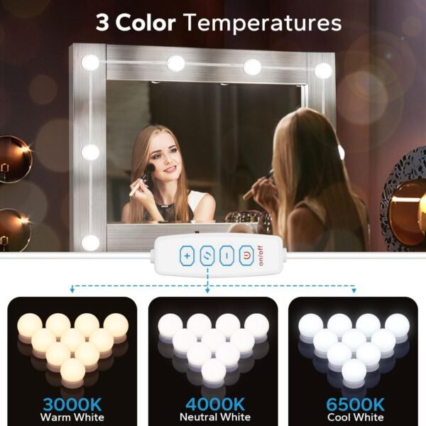LED Vanity Lights for Mirror, Vanity Lights Stick on with 10 Dimmable Bulbs, 3000K 4000K 6500K & 10 Level Brightness Adjustable, USB Cable, Hollywood Mirror Lights for Makeup Dressing Room Bathroom