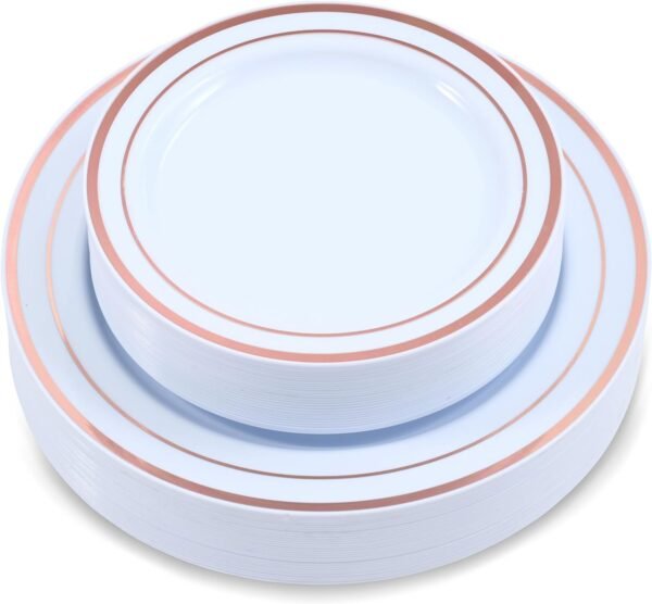 60-Piece Plastic Plates Set Premium 30 Dinner Plates & 30 Salad Plates Pack, Disposable Plates for Party - White Plastic Wedding Plates with Rose Gold Rim