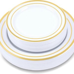 60-Piece Plastic Plates Set Premium 30 Dinner Plates & 30 Salad Plates Pack, Disposable Plates for Party - White Plastic Wedding Plates with Rose Gold Rim