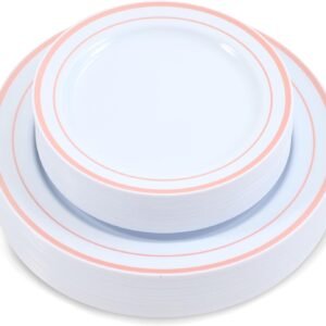 60-Piece Plastic Plates Set Premium 30 Dinner Plates & 30 Salad Plates Pack, Disposable Plates for Party - White Plastic Wedding Plates with Rose Gold Rim