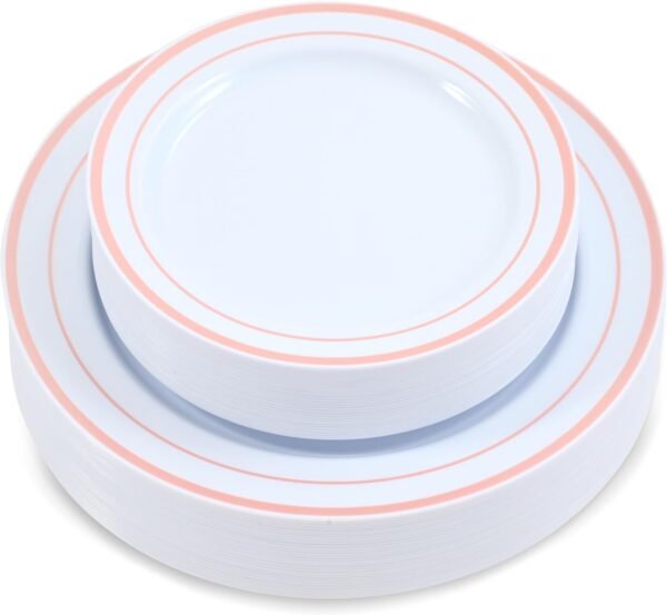60-Piece Plastic Plates Set Premium 30 Dinner Plates & 30 Salad Plates Pack, Disposable Plates for Party - White Plastic Wedding Plates with Rose Gold Rim