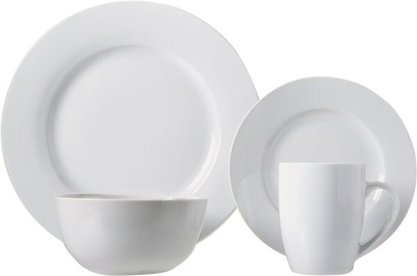 Amazon Basics 16-Piece Porcelain Kitchen Dinnerware Set with Plates, Bowls and Mugs, Service for 4 - White