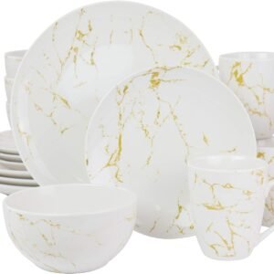 Elama Fine Round Gloss Dinnerware Dish Set, 16 Piece, Black and White Marble
