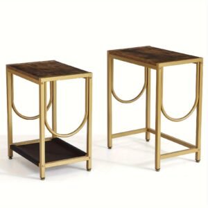 End Table Set of 2 with Gold Metal Frame Small Side Table for Living Room Bedroom Bedside Sofa Table for Small Space Small End Table Easy Assemble Gold