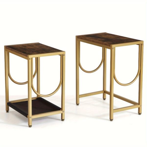 End Table Set of 2 with Gold Metal Frame Small Side Table for Living Room Bedroom Bedside Sofa Table for Small Space Small End Table Easy Assemble Gold