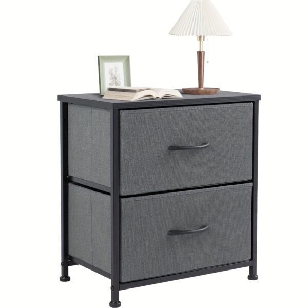 End Table with 2 Drawers for Bedroom, Small Bedside Nightstand, Storage Organizer Furniture, Fabric Cabinet Wood Top, Lightweight, Mini Dresser for Clothes, Closet, Dorm, 20" Height