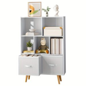 3-level wooden 7-cell bookcase, white minimalism, legged bookcase, open bookcase, nursery children's bookcase and toy storage, freestanding standing cubicle storage rack