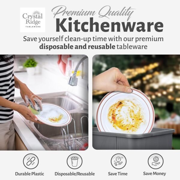 60-Piece Plastic Plates Set Premium 30 Dinner Plates & 30 Salad Plates Pack, Disposable Plates for Party - White Plastic Wedding Plates with Rose Gold Rim