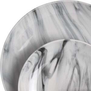 Elama Fine Round Gloss Dinnerware Dish Set, 16 Piece, Black and White Marble