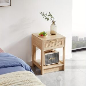 1pc 15.75" Rattan End Table With Drawer, Modern Nightstand, Side Table For Living Room, Bedroom, Natural