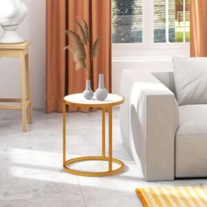 Glamorous Marble Top Round Side Table - 16x16 End Table with Glimmering Golden Metal Frame - Polished Elegance for Your Living Space
