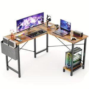 L Shaped Computer Desk - Gaming Table Corner Desk 50 Inch PC Writing Black Desk Study Desks with Wooden Desktop CPU Stand Side Bag Reversible for Home Office Dorm Small Space