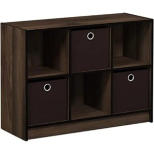 Basic 3x2 Cube Storage Bookcase Organizer with Bins, Columbia Walnut/Dark Brown